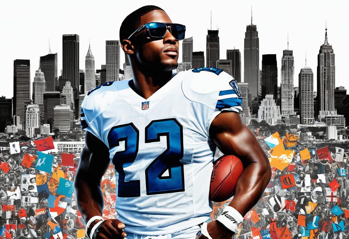 A dynamic composition featuring a stylized silhouette of Reggie Bush in a football pose, surrounded by vibrant icons representing sports, celebrity culture, and lifestyle choices, like a football, a microphone, and city skyline. The background should blend energetic colors, symbolizing passion and ambition. Include subtle references to fame and lifestyle, such as a trophy and sunglasses, to capture the essence of the blog. super-realistic. energetic colors. white background.