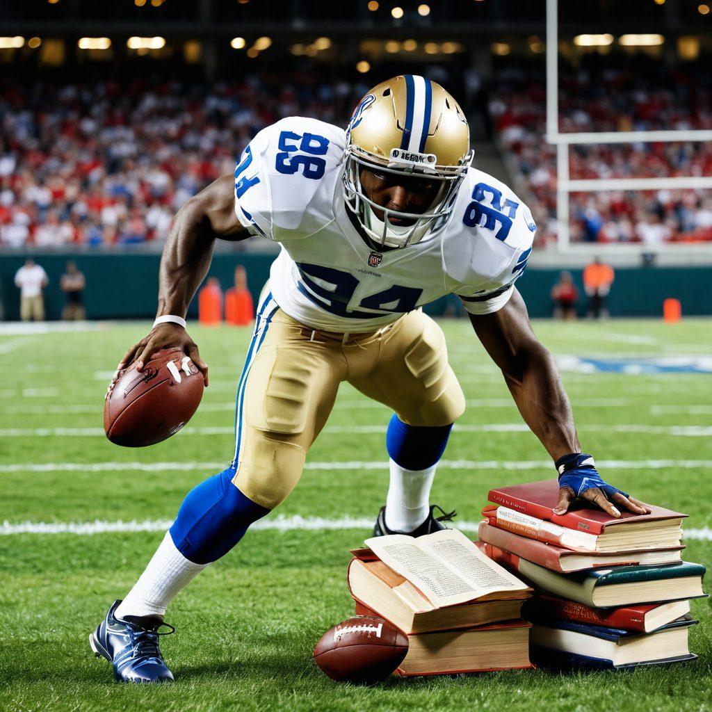 A dynamic split image of Reggie Bush in a football field setting on one side showcasing his athleticism, contrasted with him in a cozy, reflective setting on the other side contemplating life choices. Include elements symbolizing his journey like a football, a trophy, and books on personal growth. The background should capture the transition from an energetic game atmosphere to a peaceful, introspective ambiance. The color palette should be vibrant yet balanced to reflect both excitement and contemplation. super-realistic. vibrant colors. split-screen.